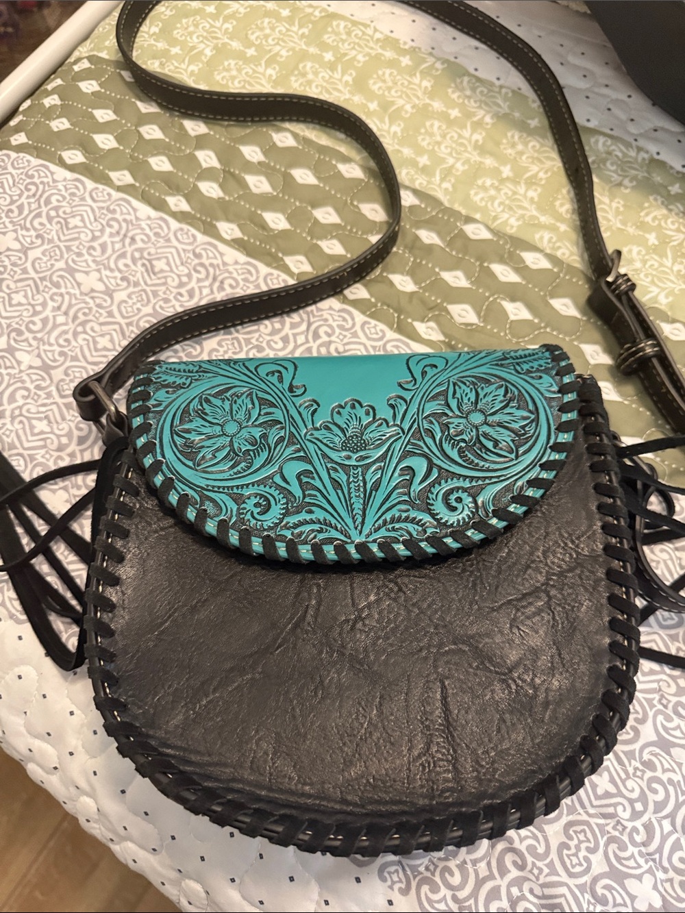 Montana West Black Crossbody Bag with Turquoise Tooled Floral Flap- Leather